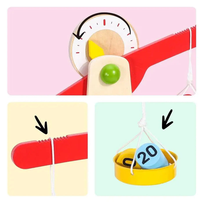 Wooden Montessori balancing toy scale with red arms, yellow tray, and numbered weights.