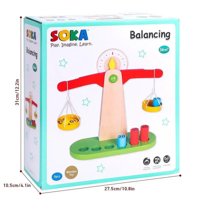 Wooden balancing toy Montessori scale in box, SOKA brand, educational toddler toy