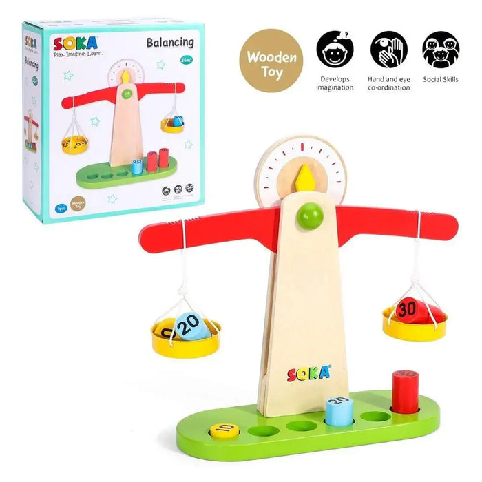 Wooden balancing toy Montessori scale with weights, SOKA brand, on white background