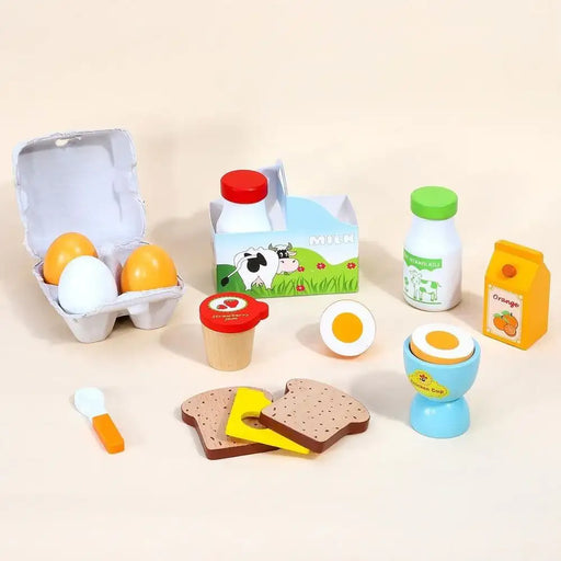Wooden breakfast playset with pretend eggs, milk, bread, jam, and orange juice