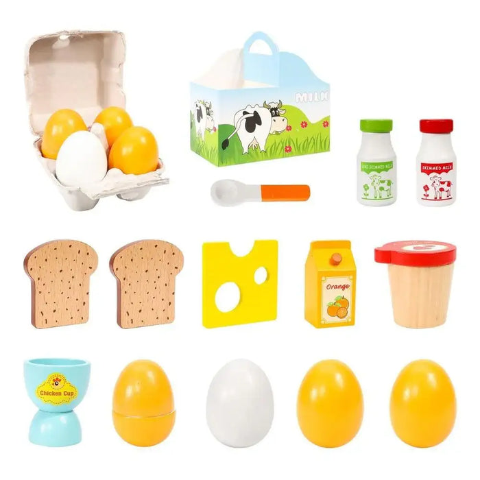 wooden breakfast playset for kids with toy eggs, toast, cheese, milk, and orange juice