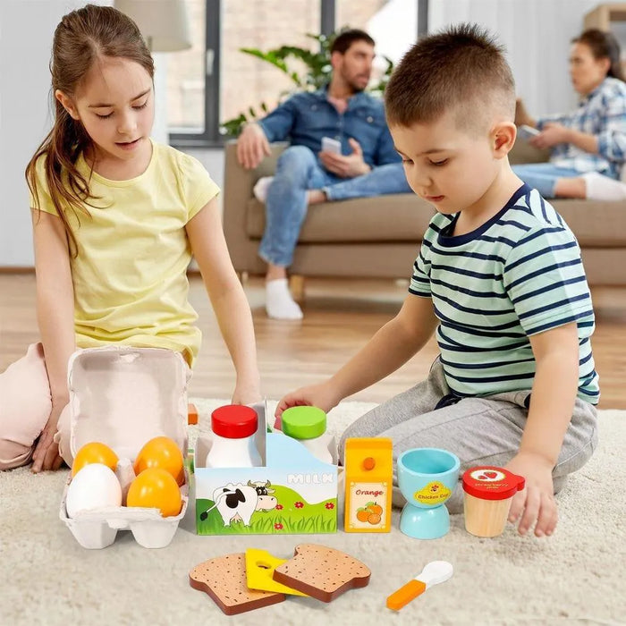 Children playing with wooden breakfast playset and pretend food on a living room floor