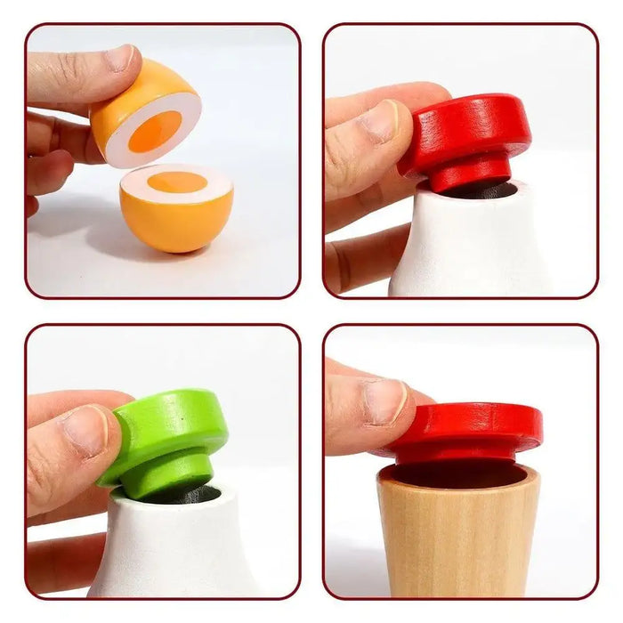 Wooden breakfast playset with magnetic food pieces and bottle caps held by hands