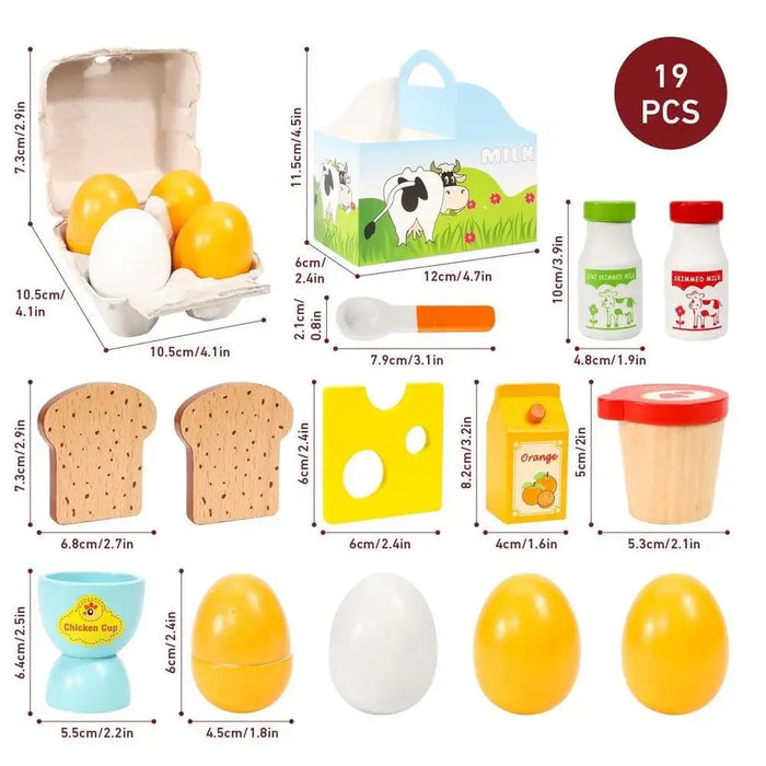 Wooden breakfast playset with pretend food, magnetic pieces, toast, eggs, cheese, and milk carton.