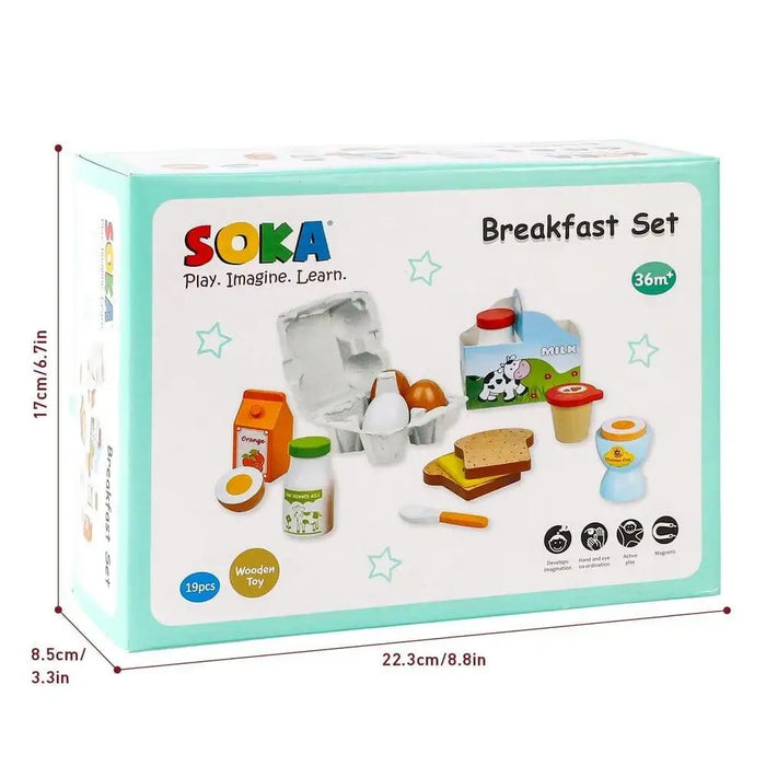 SOKA wooden breakfast playset box with eggs, toast, juice, milk and toy food pieces