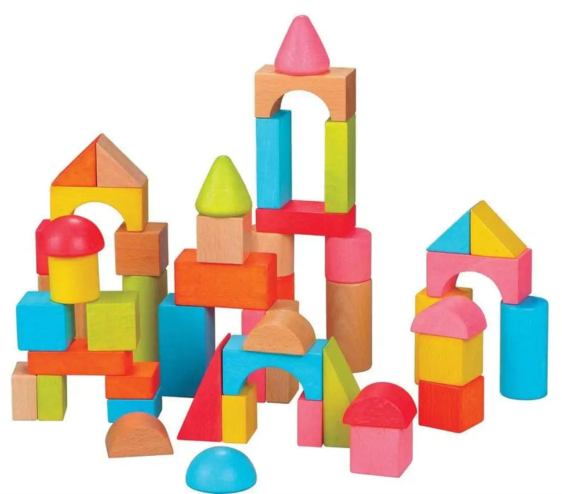 Colorful wooden building blocks set, various shapes and bright colors, stacked for kids.