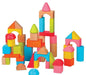 Colorful wooden building blocks set, various shapes and bright colors, stacked for kids.