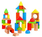 Colorful wooden building blocks in various shapes stacked on a white background.