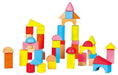 Colorful wooden building blocks in various shapes stacked creatively on a white background
