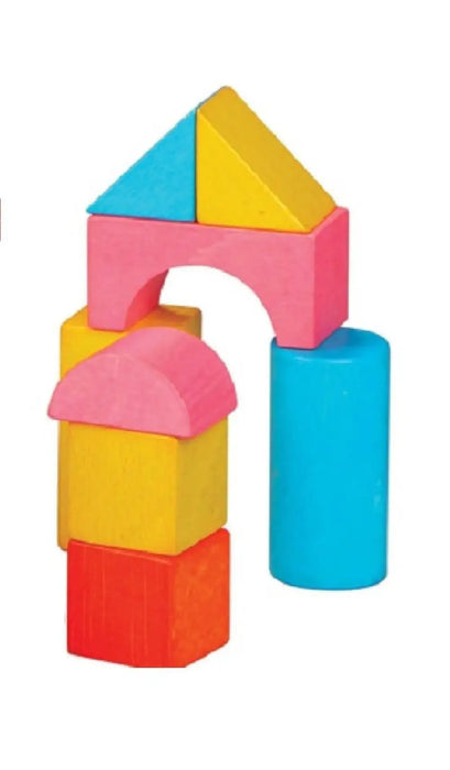 Stacked colorful wooden building blocks in various shapes on a white background.