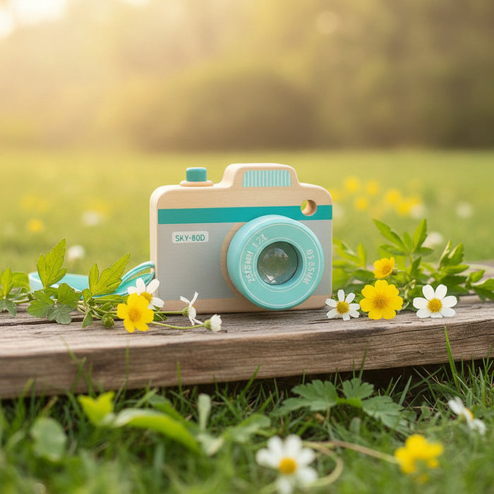 Wooden toy camera with blue accents on a bench outdoors surrounded by daisies, multi prism lens
