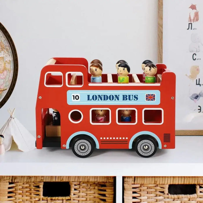 Wooden double-decker red London bus playset with removable upper deck and toy figures