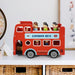 Wooden double-decker red London bus playset with removable upper deck and toy figures