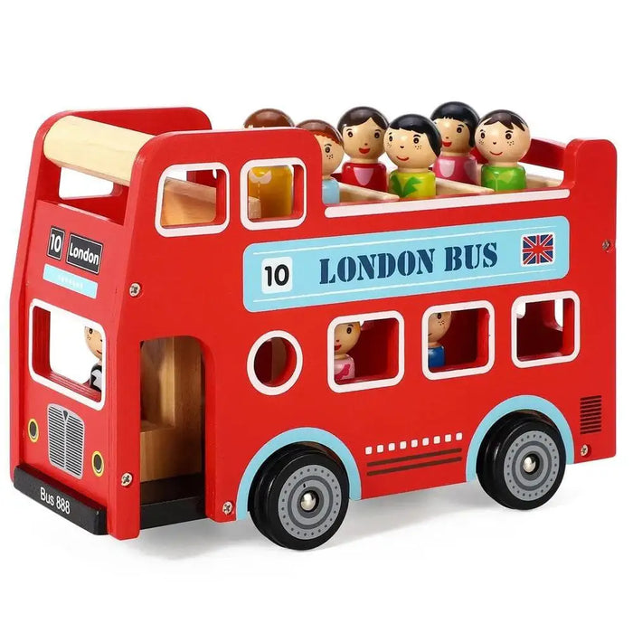 Wooden double-decker London bus playset with red bus and removable peg passengers