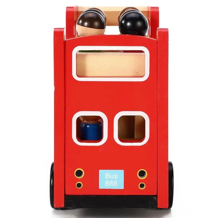 Wooden double decker red London bus toy with passengers, rear view, Bus 888 sign