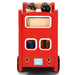 Wooden double decker red London bus toy with passengers, rear view, Bus 888 sign