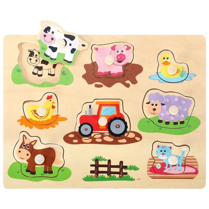 Wooden farm animal puzzle board with 7 animals, a red tractor, and easy-grip pegs