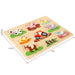 Wooden farm animals peg puzzle board with cow, horse, pig, sheep, duck, hen, cat, and tractor