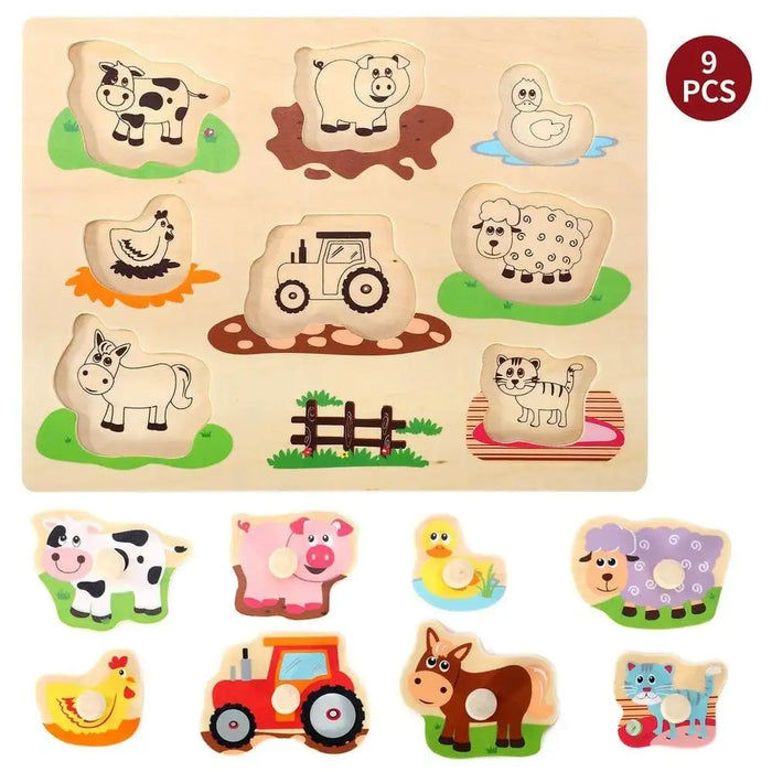 Wooden farm animals peg puzzle board with cow, pig, duck, chicken, tractor, sheep, horse, cat.