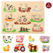 Wooden farm animals peg puzzle board with cow, pig, duck, chicken, tractor, sheep, horse, cat.