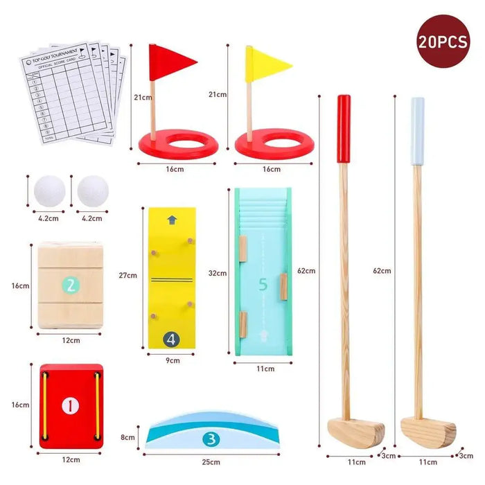 Wooden kids mini golf set with clubs, balls, scorecards, obstacles, and colorful flags.