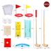 Wooden kids mini golf set with clubs, balls, scorecards, obstacles, and colorful flags.
