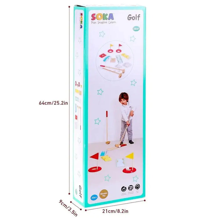 SOKA wooden kids golf set box with colorful clubs, obstacles, and flags, child playing indoors