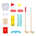 Wooden kids golf set with two clubs, obstacles, flags, balls, and score cards on white background.