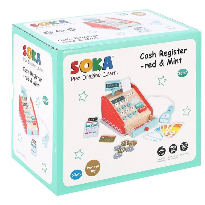SOKA wooden kids cash register playset box, red and mint toy till with scanner and accessories.