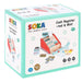 SOKA wooden kids cash register playset box, red and mint toy till with scanner and accessories.