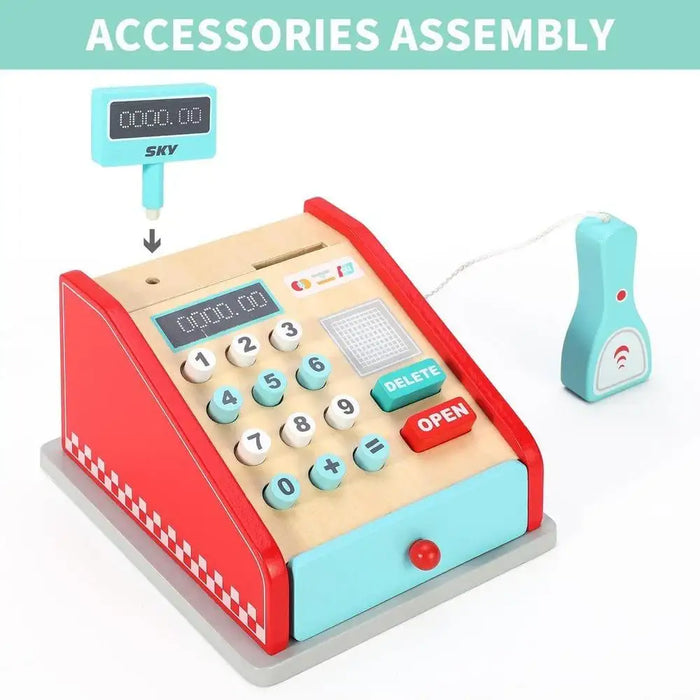 Wooden kids cash register playset with scanner and digital display for pretend shop
