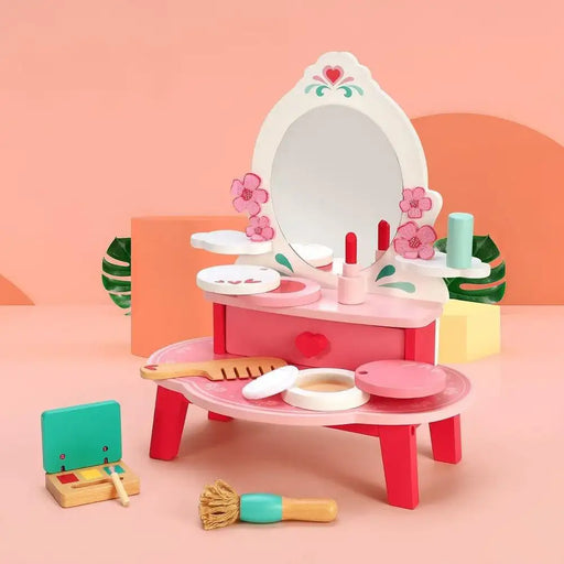 Wooden kids vanity table playset with mirror and colorful wooden makeup accessories