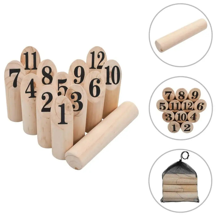 Wooden number kubb game set with 12 numbered pins, throwing stick, and mesh carrying bag