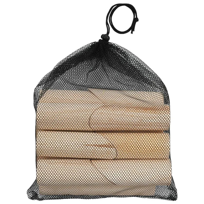 Wooden kubb game set with numbered pieces in a black mesh storage bag