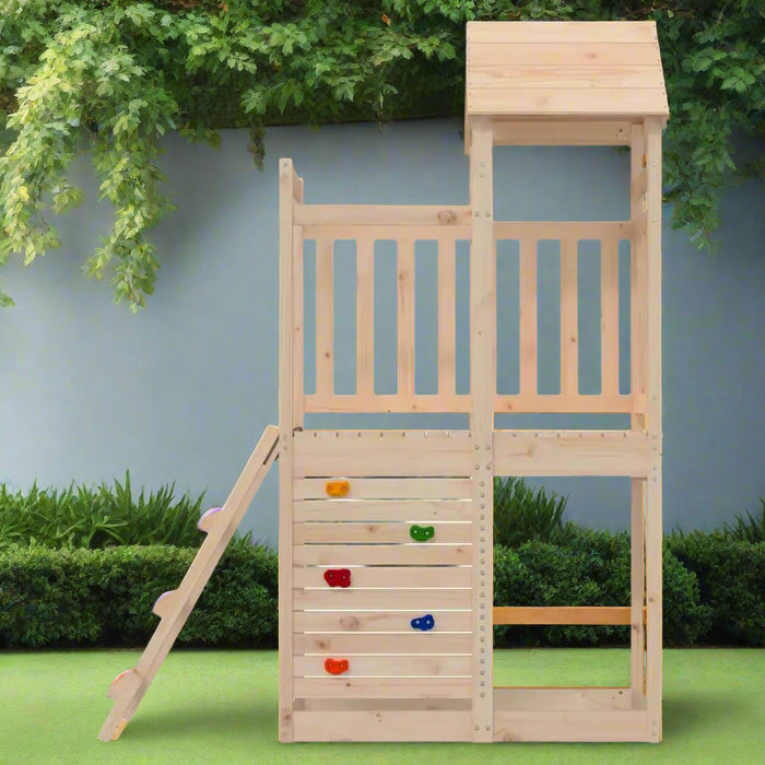 Solid pinewood outdoor playset with rock wall and ladder for kids in garden setting