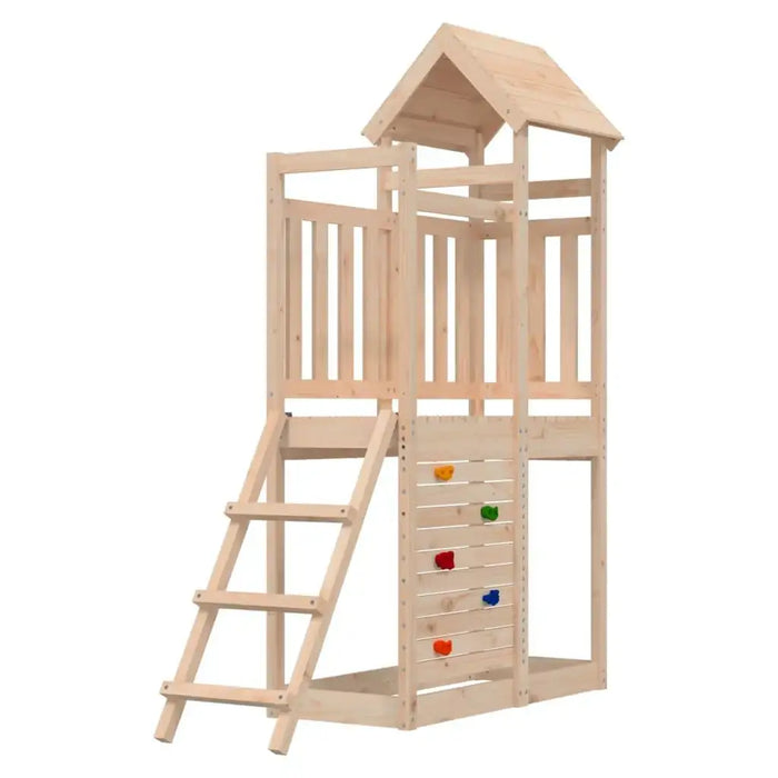 Wooden outdoor playset with ladder, rock wall, and slatted roof for kids