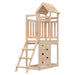 Wooden outdoor playset with ladder, rock wall, and slatted roof for kids