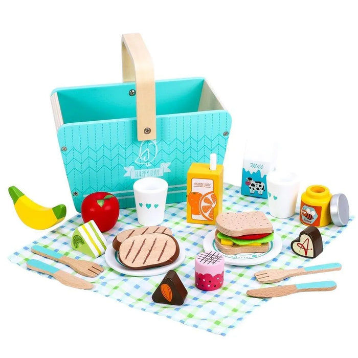 Wooden picnic basket pretend playset with toy food, tableware, and checkered blanket.