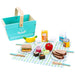 Wooden picnic basket playset with toy food, tableware, and blanket on checked cloth