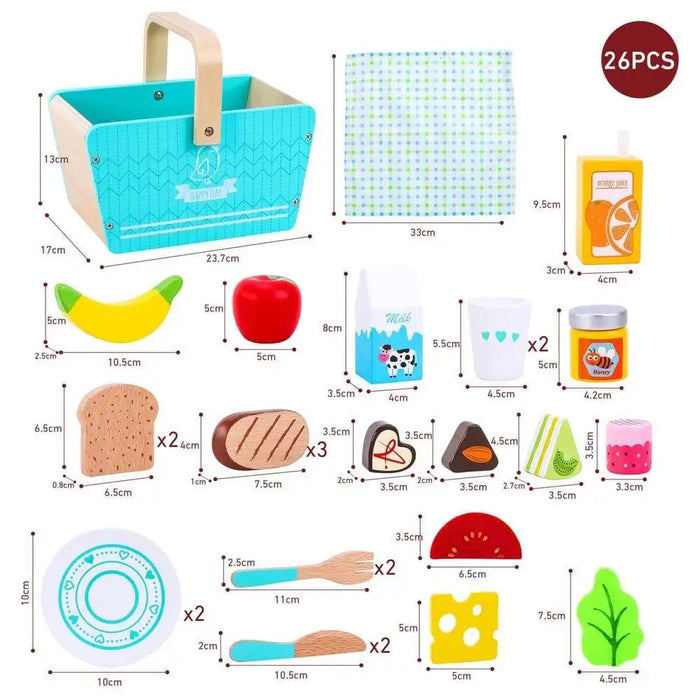 Wooden picnic basket pretend playset with toy food, tableware, and blanket, 26 pieces.