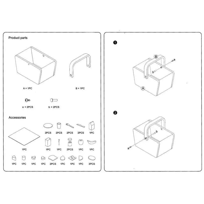 Wooden picnic basket playset assembly instructions with parts and accessory illustrations.