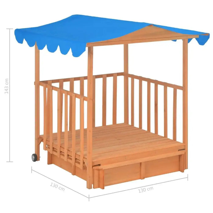 Wooden playhouse and sandbox combo with blue UV50 canopy, mobile design, 130x130x143cm