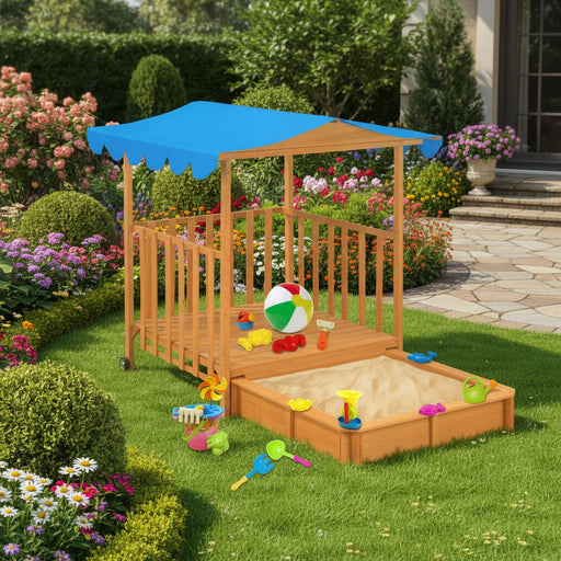 Wooden playhouse and sandbox combo with blue UV50 canopy, toys, and garden background