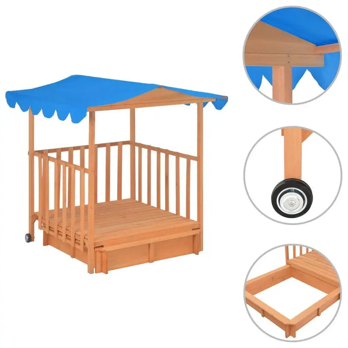 Wooden playhouse and sandbox combo with blue UV50 canopy, mobile design, and wheels.