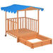 Wooden playhouse and sandbox combo with blue UV50 canopy, mobile outdoor kids design