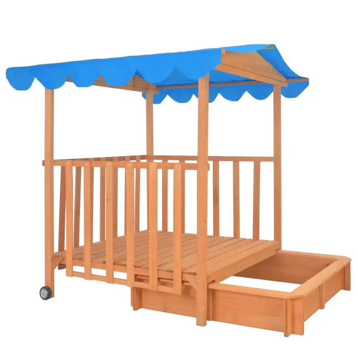 Wooden playhouse and sandbox combo with UV50 blue canopy and mobile wheels