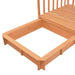 Wooden playhouse and sandbox combo with slatted platform and natural wood finish.