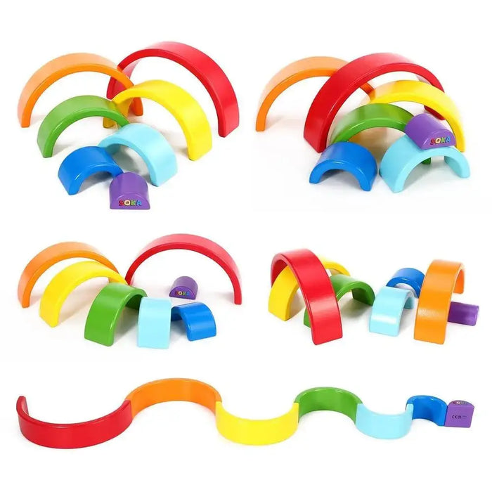 Colorful wooden rainbow stacker toy, 7-piece educational learning blocks for children