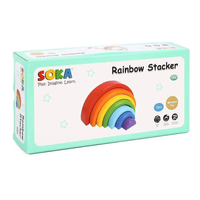 SOKA wooden rainbow stacker toy 7-piece set in colorful packaging for children