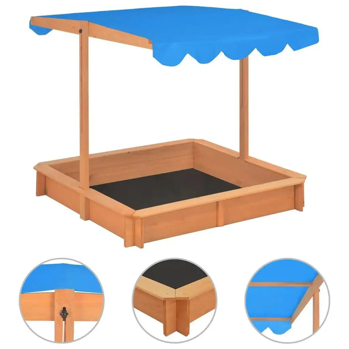 Wooden sandbox with adjustable blue roof, UV50 protection, firwood construction